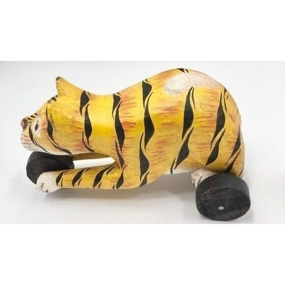 Vintage Wood Yellow Striped Cat Wheels Carved Wooden Folk Art Hand Painted Tiger - Picture 2 of 4